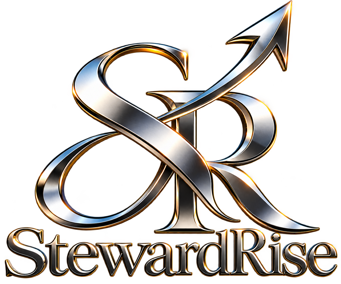 StewardRise chrome and gold SR monogram with upward arrow
